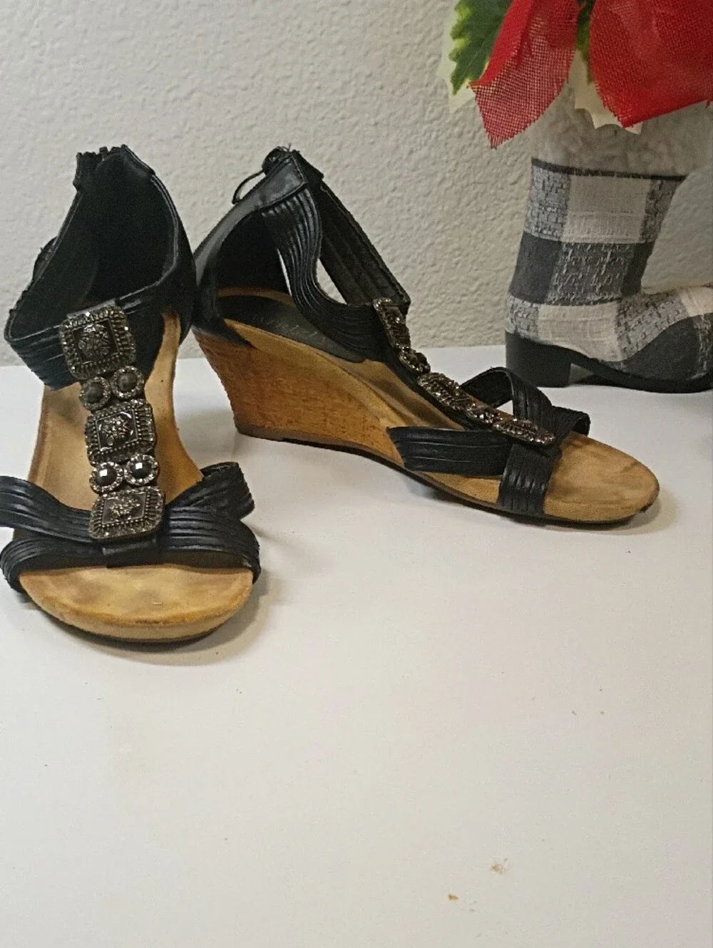 Black Jeweled T-Strap Wedge Sandals